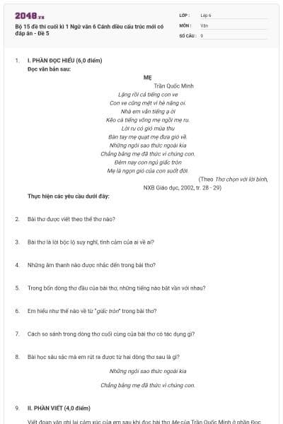 Bộ 15 đề thi cuối kì 1 Ngữ văn 6 Cánh diều cấu trúc mới có đáp án - Đề 5