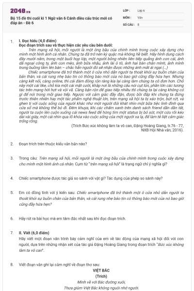 Bộ 15 đề thi cuối kì 1 Ngữ văn 6 Cánh diều cấu trúc mới có đáp án - Đề 6