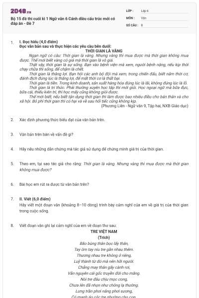 Bộ 15 đề thi cuối kì 1 Ngữ văn 6 Cánh diều cấu trúc mới có đáp án - Đề 7