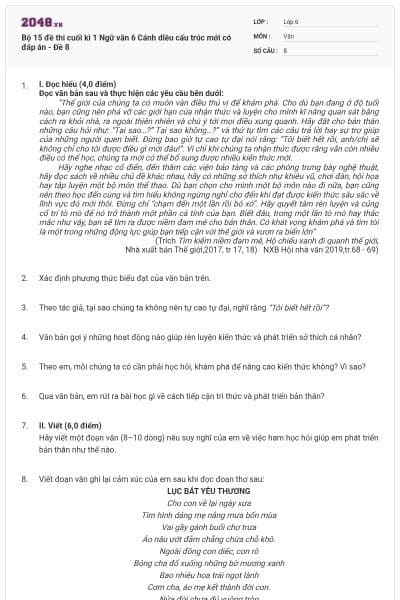 Bộ 15 đề thi cuối kì 1 Ngữ văn 6 Cánh diều cấu trúc mới có đáp án - Đề 8