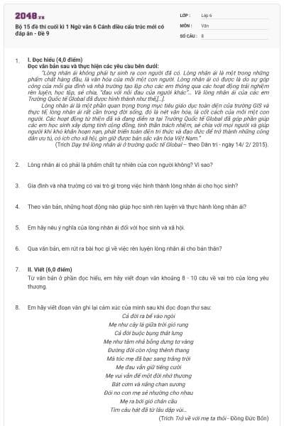 Bộ 15 đề thi cuối kì 1 Ngữ văn 6 Cánh diều cấu trúc mới có đáp án - Đề 9