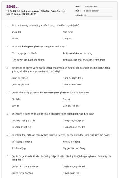19 Đề thi thử thpt quốc gia môn Giáo Dục Công Dân cực hay có lời giải chi tiết (đề 11)