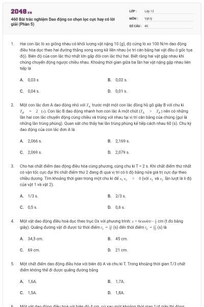460 Bài trắc nghiệm Dao động cơ chọn lọc cực hay có lời giải (Phần 5)