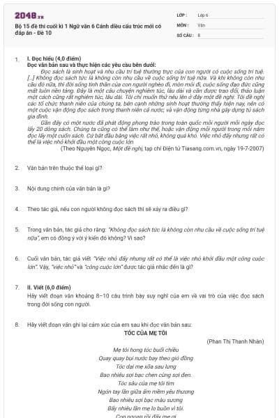 Bộ 15 đề thi cuối kì 1 Ngữ văn 6 Cánh diều cấu trúc mới có đáp án - Đề 10