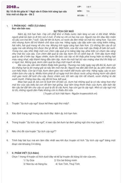 Bộ 10 đề thi giữa kì 1 Ngữ văn 6 Chân trời sáng tạo cấu trúc mới có đáp án - Đề 2