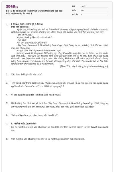 Bộ 10 đề thi giữa kì 1 Ngữ văn 6 Chân trời sáng tạo cấu trúc mới có đáp án - Đề 4
