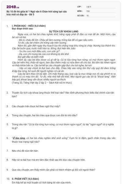 Bộ 10 đề thi giữa kì 1 Ngữ văn 6 Chân trời sáng tạo cấu trúc mới có đáp án - Đề 5