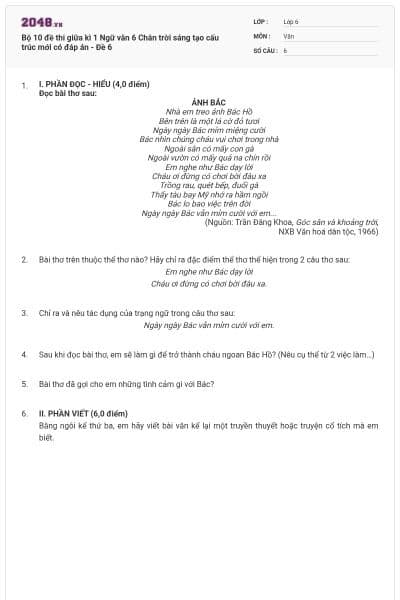 Bộ 10 đề thi giữa kì 1 Ngữ văn 6 Chân trời sáng tạo cấu trúc mới có đáp án - Đề 6