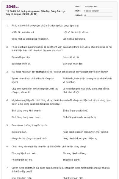 19 Đề thi thử thpt quốc gia môn Giáo Dục Công Dân cực hay có lời giải chi tiết (đề 12)