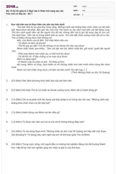 Bộ 10 đề thi giữa kì 2 Ngữ văn 6 Chân trời sáng tạo cấu trúc mới có đáp án - Đề 1