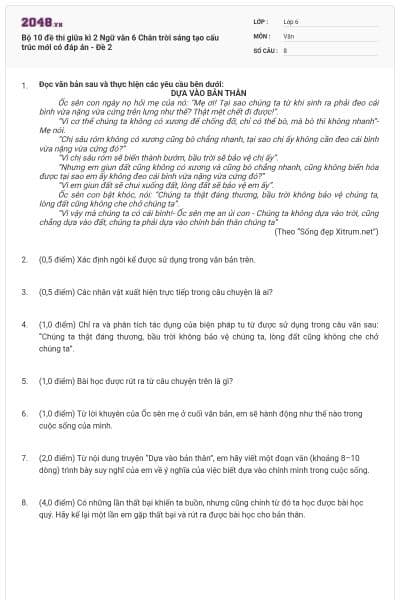 Bộ 10 đề thi giữa kì 2 Ngữ văn 6 Chân trời sáng tạo cấu trúc mới có đáp án - Đề 2