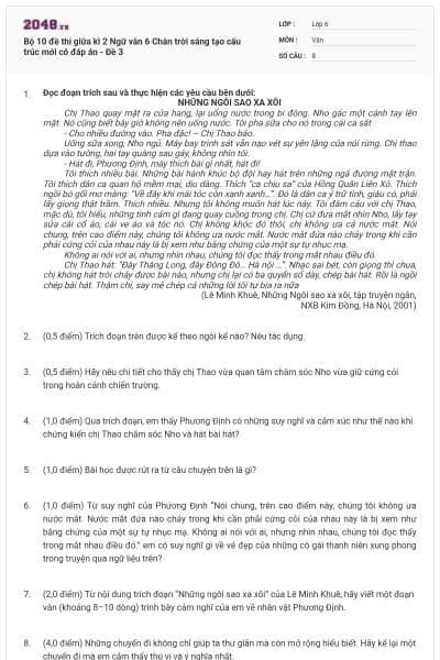 Bộ 10 đề thi giữa kì 2 Ngữ văn 6 Chân trời sáng tạo cấu trúc mới có đáp án - Đề 3