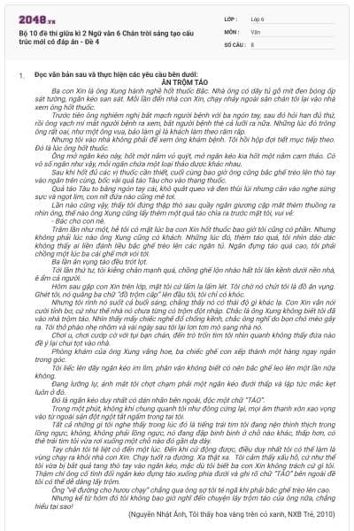 Bộ 10 đề thi giữa kì 2 Ngữ văn 6 Chân trời sáng tạo cấu trúc mới có đáp án - Đề 4