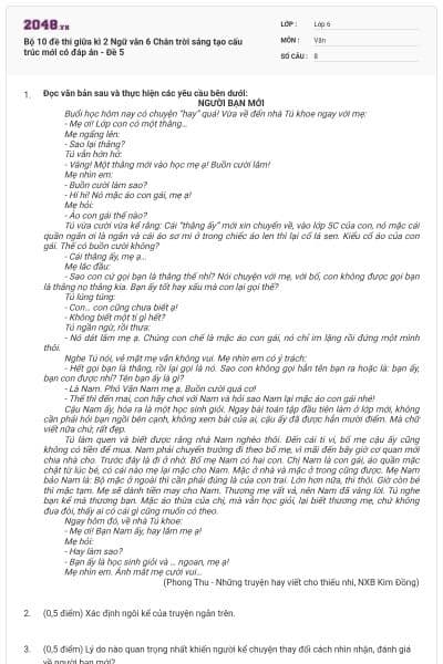 Bộ 10 đề thi giữa kì 2 Ngữ văn 6 Chân trời sáng tạo cấu trúc mới có đáp án - Đề 5