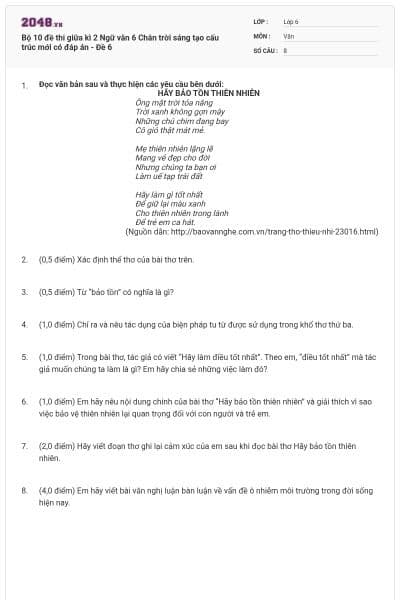 Bộ 10 đề thi giữa kì 2 Ngữ văn 6 Chân trời sáng tạo cấu trúc mới có đáp án - Đề 6