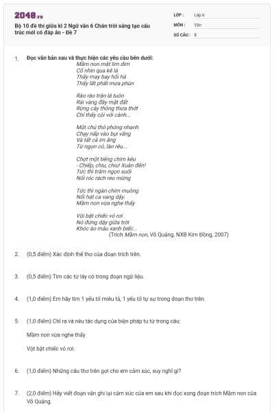 Bộ 10 đề thi giữa kì 2 Ngữ văn 6 Chân trời sáng tạo cấu trúc mới có đáp án - Đề 7