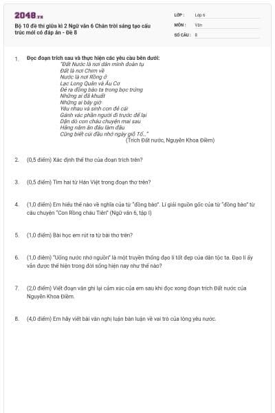 Bộ 10 đề thi giữa kì 2 Ngữ văn 6 Chân trời sáng tạo cấu trúc mới có đáp án - Đề 8