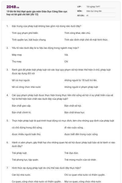 19 Đề thi thử thpt quốc gia môn Giáo Dục Công Dân cực hay có lời giải chi tiết (đề 13)