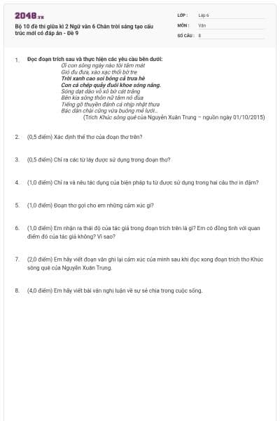 Bộ 10 đề thi giữa kì 2 Ngữ văn 6 Chân trời sáng tạo cấu trúc mới có đáp án - Đề 9