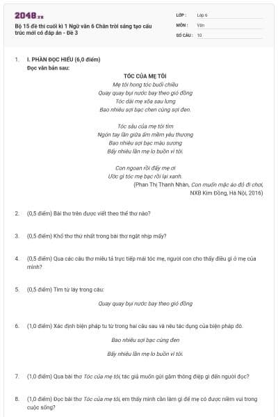 Bộ 15 đề thi cuối kì 1 Ngữ văn 6 Chân trời sáng tạo cấu trúc mới có đáp án - Đề 3