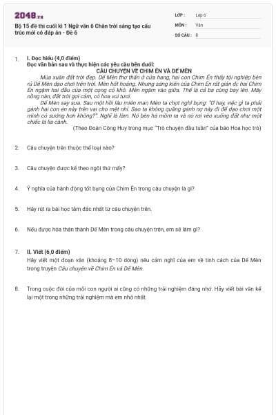 Bộ 15 đề thi cuối kì 1 Ngữ văn 6 Chân trời sáng tạo cấu trúc mới có đáp án - Đề 6