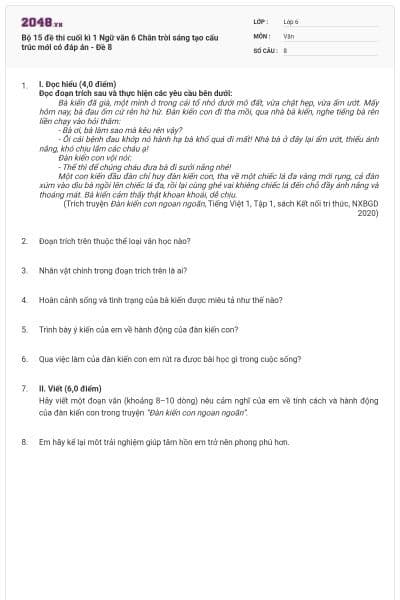Bộ 15 đề thi cuối kì 1 Ngữ văn 6 Chân trời sáng tạo cấu trúc mới có đáp án - Đề 8