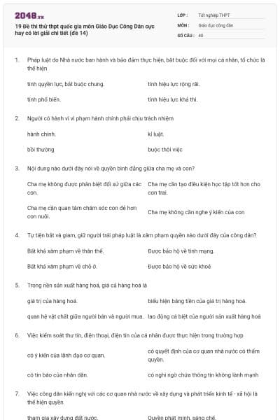 19 Đề thi thử thpt quốc gia môn Giáo Dục Công Dân cực hay có lời giải chi tiết (đề 14)