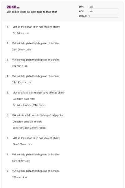 Viết các số đo độ dài dưới dạng số thập phân