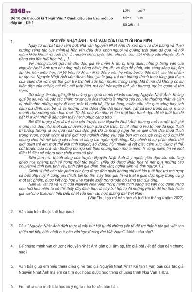 Bộ 10 đề thi cuối kì 1 Ngữ Văn 7 Cánh diều cấu trúc mới có đáp án - Đề 2