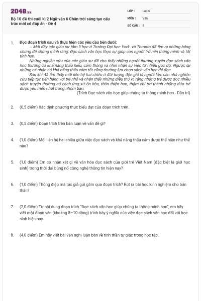 Bộ 10 đề thi cuối kì 2 Ngữ văn 6 Chân trời sáng tạo cấu trúc mới có đáp án - Đề 4