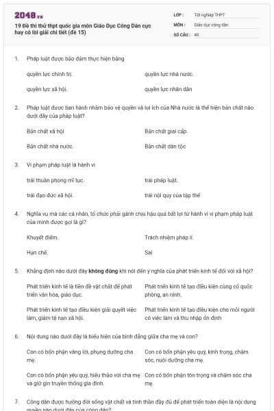 19 Đề thi thử thpt quốc gia môn Giáo Dục Công Dân cực hay có lời giải chi tiết (đề 15)