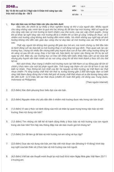 Bộ 10 đề thi cuối kì 2 Ngữ văn 6 Chân trời sáng tạo cấu trúc mới có đáp án - Đề 5