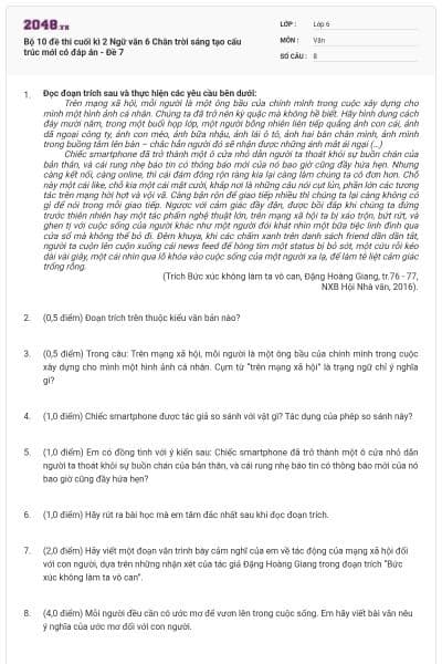 Bộ 10 đề thi cuối kì 2 Ngữ văn 6 Chân trời sáng tạo cấu trúc mới có đáp án - Đề 7