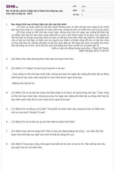 Bộ 10 đề thi cuối kì 2 Ngữ văn 6 Chân trời sáng tạo cấu trúc mới có đáp án - Đề 9