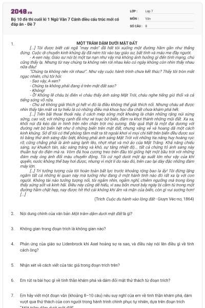 Bộ 10 đề thi cuối kì 1 Ngữ Văn 7 Cánh diều cấu trúc mới có đáp án - Đề 7