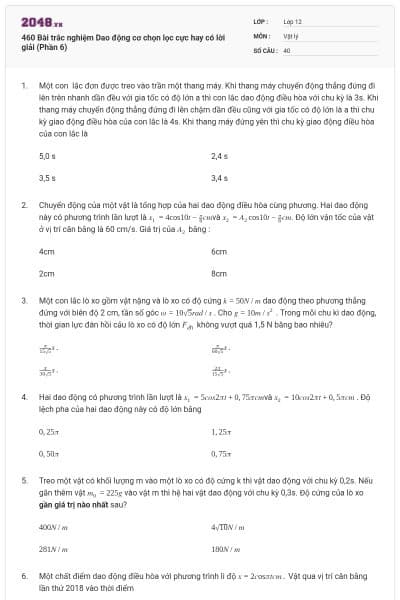 460 Bài trắc nghiệm Dao động cơ chọn lọc cực hay có lời giải (Phần 6)