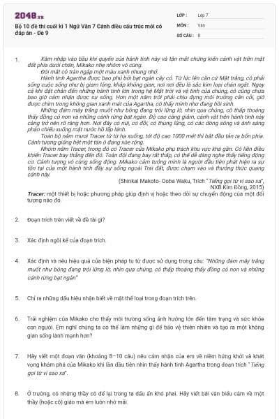 Bộ 10 đề thi cuối kì 1 Ngữ Văn 7 Cánh diều cấu trúc mới có đáp án - Đề 9