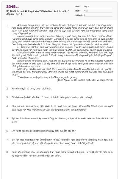 Bộ 10 đề thi cuối kì 1 Ngữ Văn 7 Cánh diều cấu trúc mới có đáp án - Đề 10