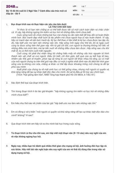 Bộ 10 đề thi cuối kì 2 Ngữ Văn 7 Cánh diều cấu trúc mới có đáp án - Đề 9