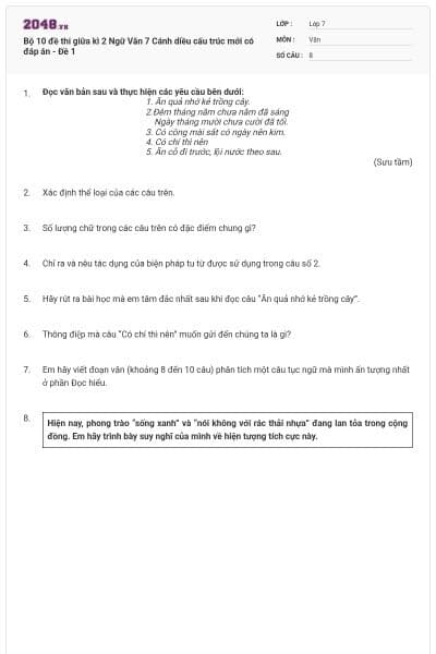 Bộ 10 đề thi giữa kì 2 Ngữ Văn 7 Cánh diều cấu trúc mới có đáp án - Đề 1