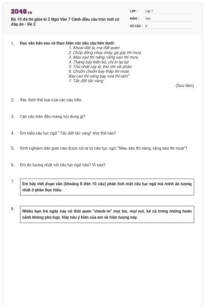 Bộ 10 đề thi giữa kì 2 Ngữ Văn 7 Cánh diều cấu trúc mới có đáp án - Đề 2