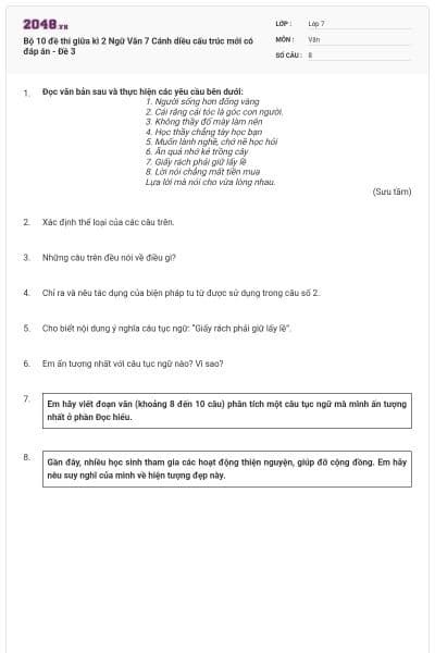 Bộ 10 đề thi giữa kì 2 Ngữ Văn 7 Cánh diều cấu trúc mới có đáp án - Đề 3