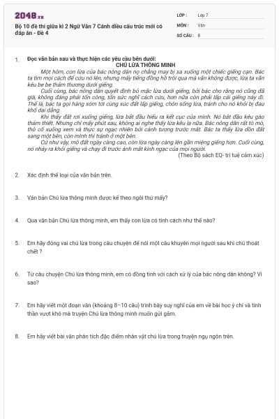 Bộ 10 đề thi giữa kì 2 Ngữ Văn 7 Cánh diều cấu trúc mới có đáp án - Đề 4