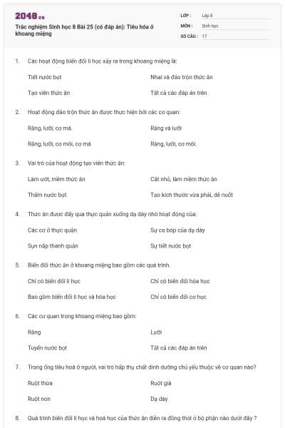 Trắc nghiệm Sinh học 8 Bài 25 (có đáp án): Tiêu hóa ở khoang miệng