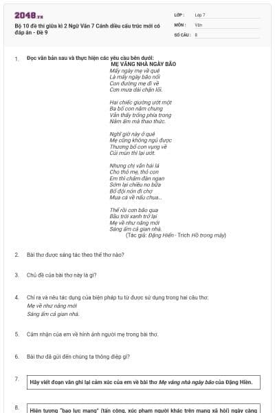 Bộ 10 đề thi giữa kì 2 Ngữ Văn 7 Cánh diều cấu trúc mới có đáp án - Đề 9