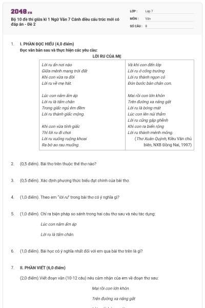 Bộ 10 đề thi giữa kì 1 Ngữ Văn 7 Cánh diều cấu trúc mới có đáp án - Đề 2