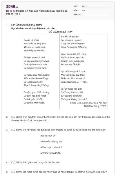 Bộ 10 đề thi giữa kì 1 Ngữ Văn 7 Cánh diều cấu trúc mới có đáp án - Đề 3
