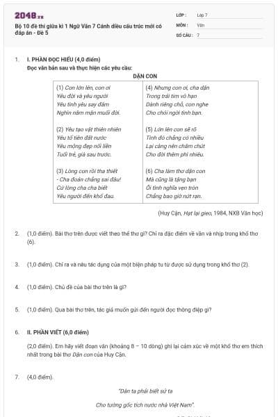 Bộ 10 đề thi giữa kì 1 Ngữ Văn 7 Cánh diều cấu trúc mới có đáp án - Đề 5