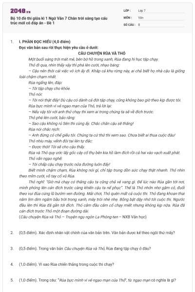 Bộ 10 đề thi giữa kì 1 Ngữ Văn 7 Chân trời sáng tạo cấu trúc mới có đáp án - Đề 1