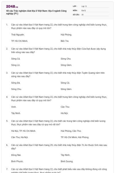 40 câu Trắc nghiệm Alat Địa lí Việt Nam: Địa lí ngành Công nghiệp (P1)